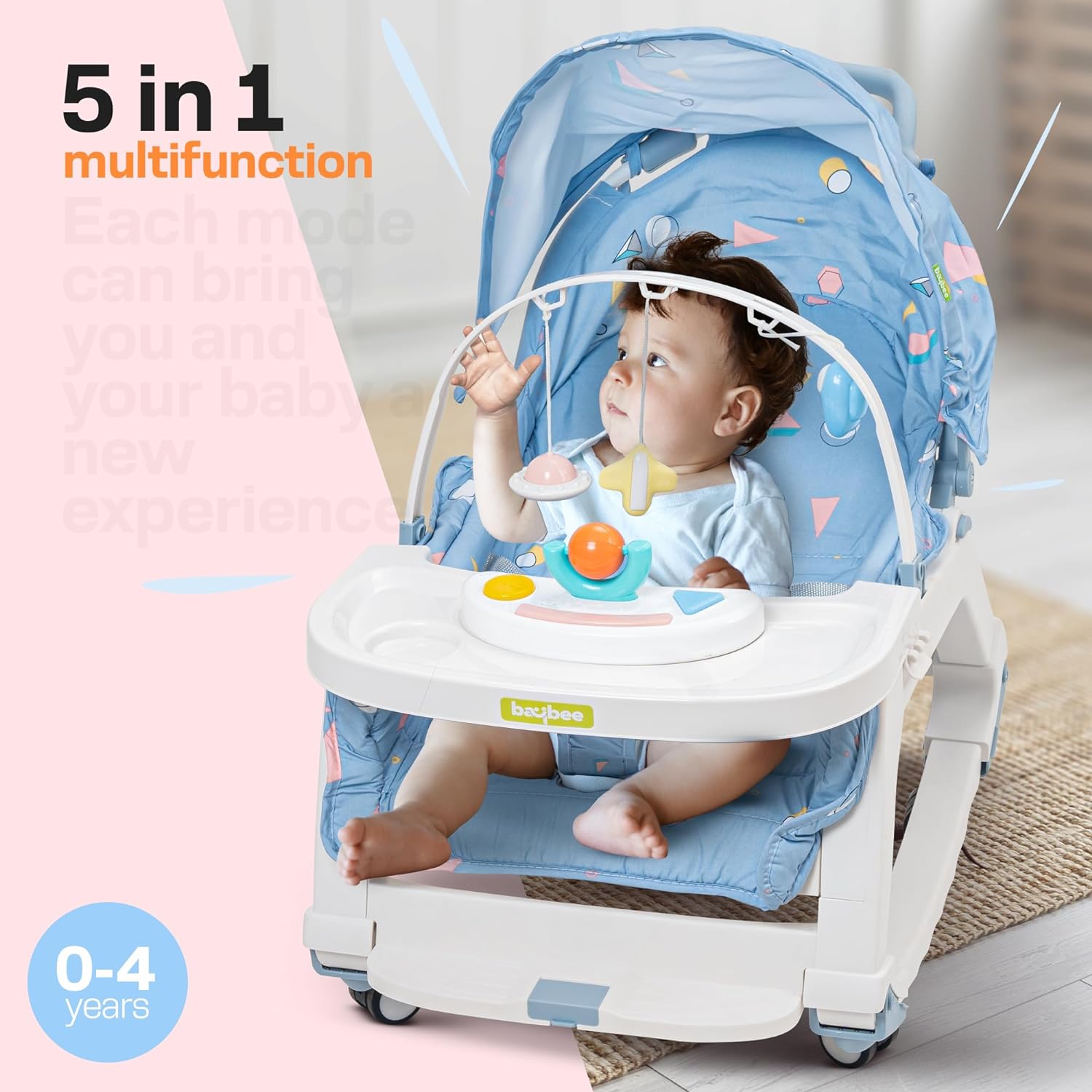 Minikin 5in1 Baby Rocker cum Feeding Chair with Wheels I Hanging Toys & Soothing Music I NB-4Years