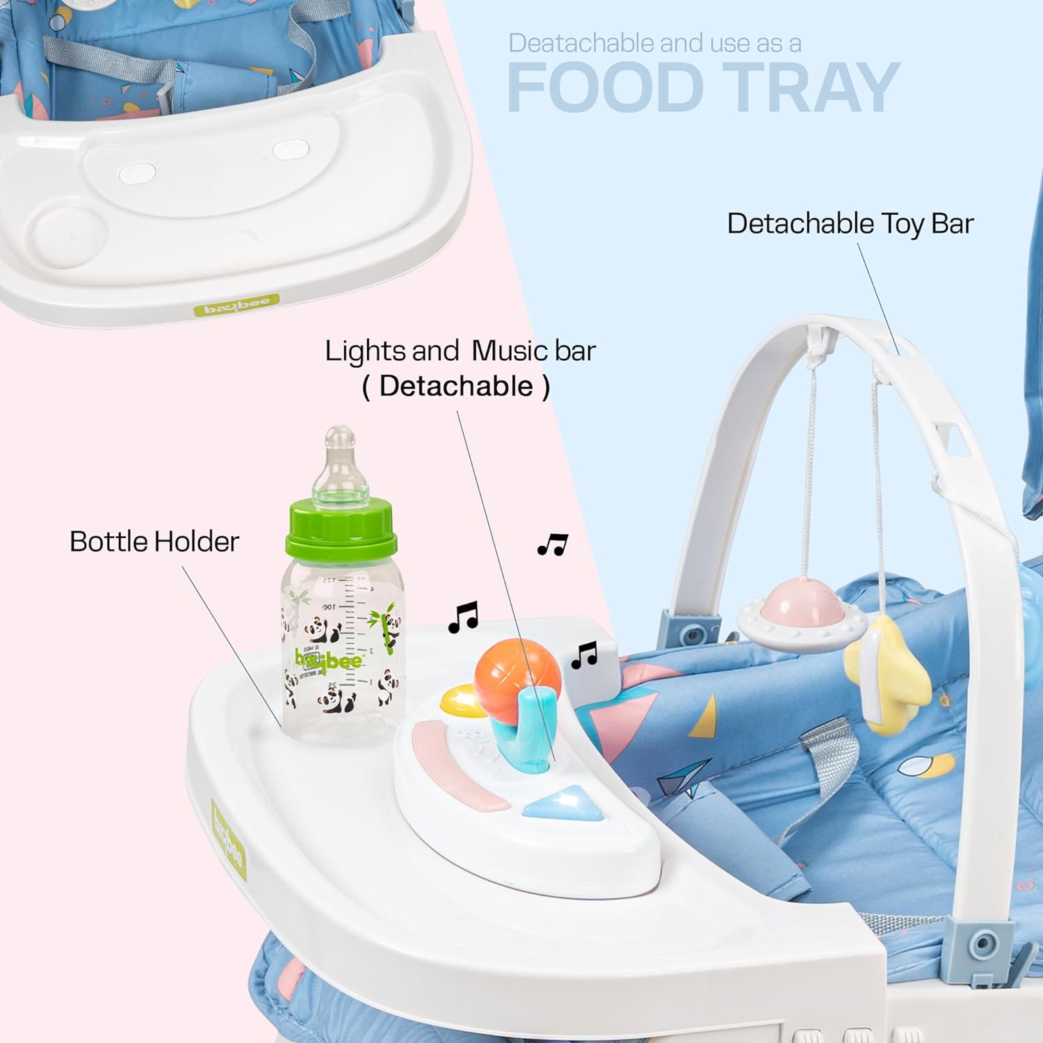 Minikin 5in1 Baby Rocker cum Feeding Chair with Wheels I Hanging Toys & Soothing Music I NB-4Years