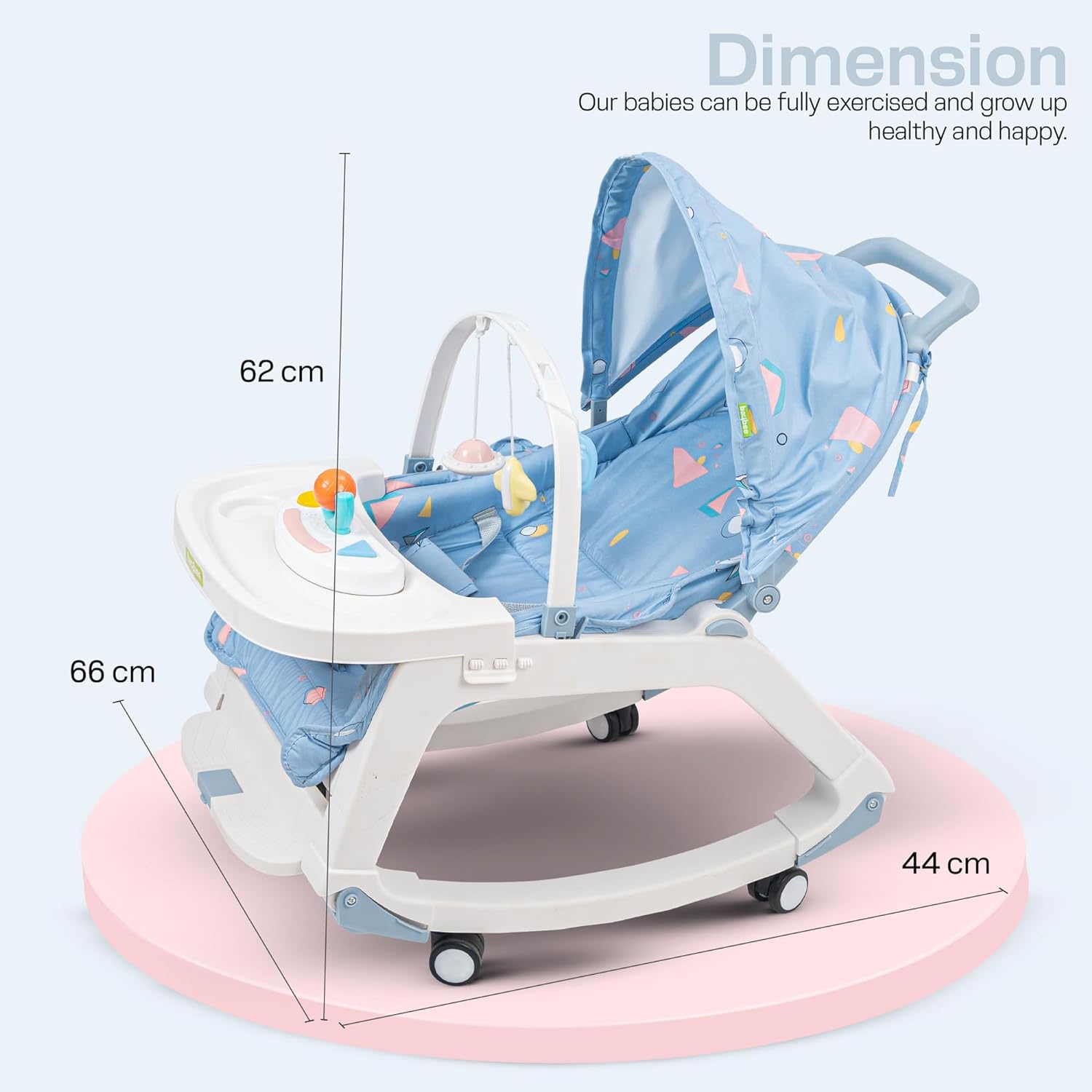 Minikin 5in1 Baby Rocker cum Feeding Chair with Wheels I Hanging Toys & Soothing Music I NB-4Years