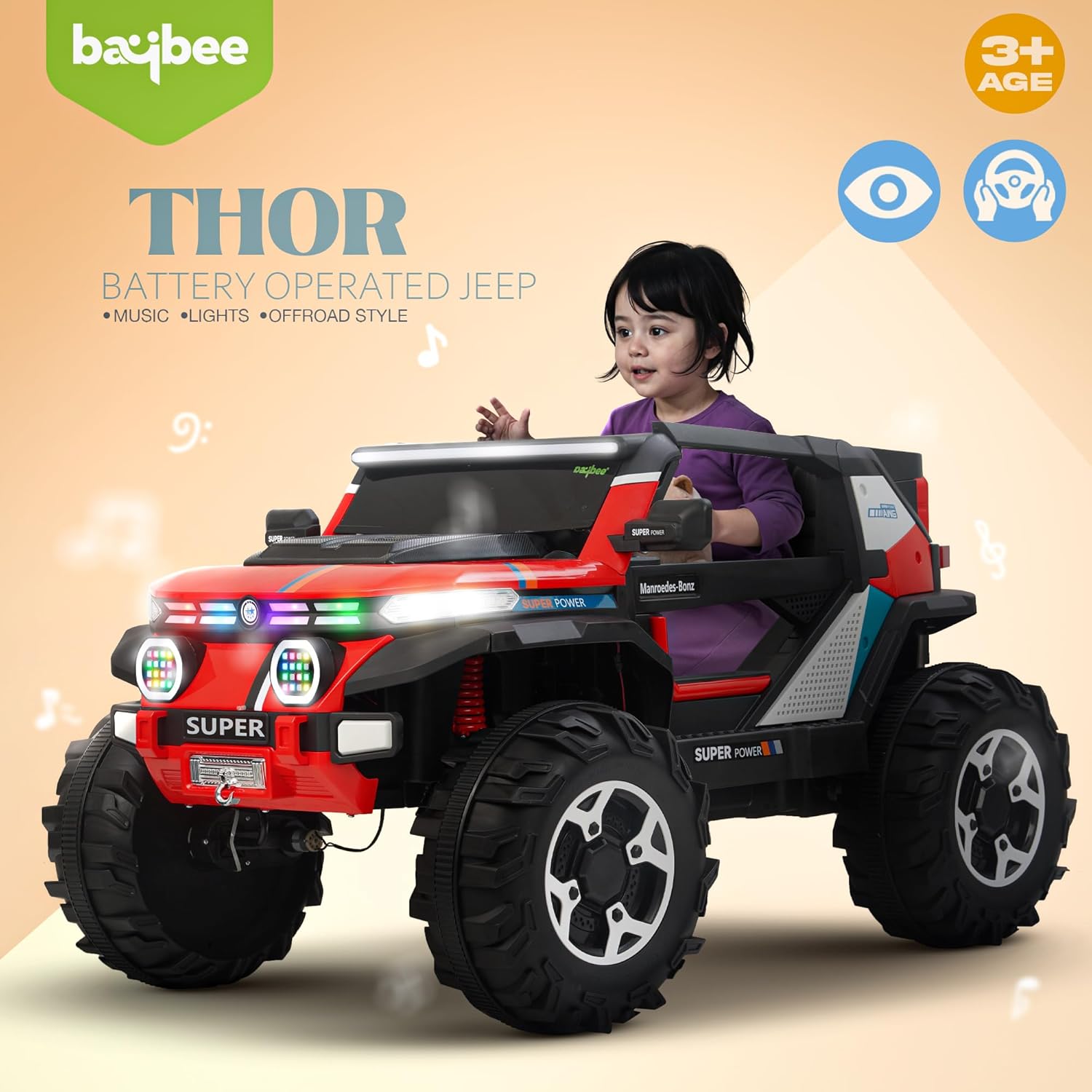 Minikin Thor 4x4 Electric Rechargeable Jeep I LED Head Lights & Music I 1-9 Years