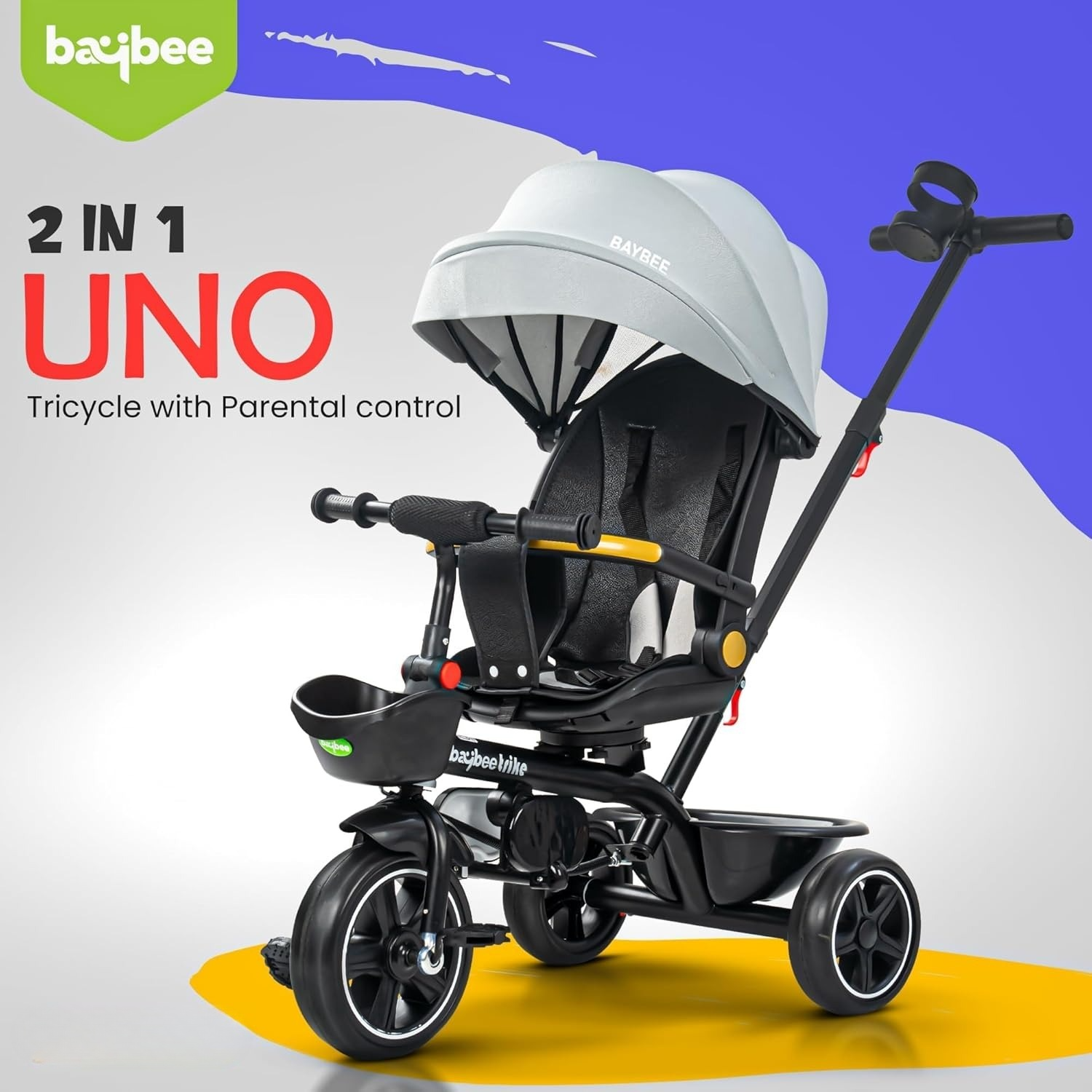 Minikin Uno 2 in 1 Baby Tricycle | Parental Push Bar | 180° Reversible Seat | Canopy & Anti Fall Guard | 6M - 5Years