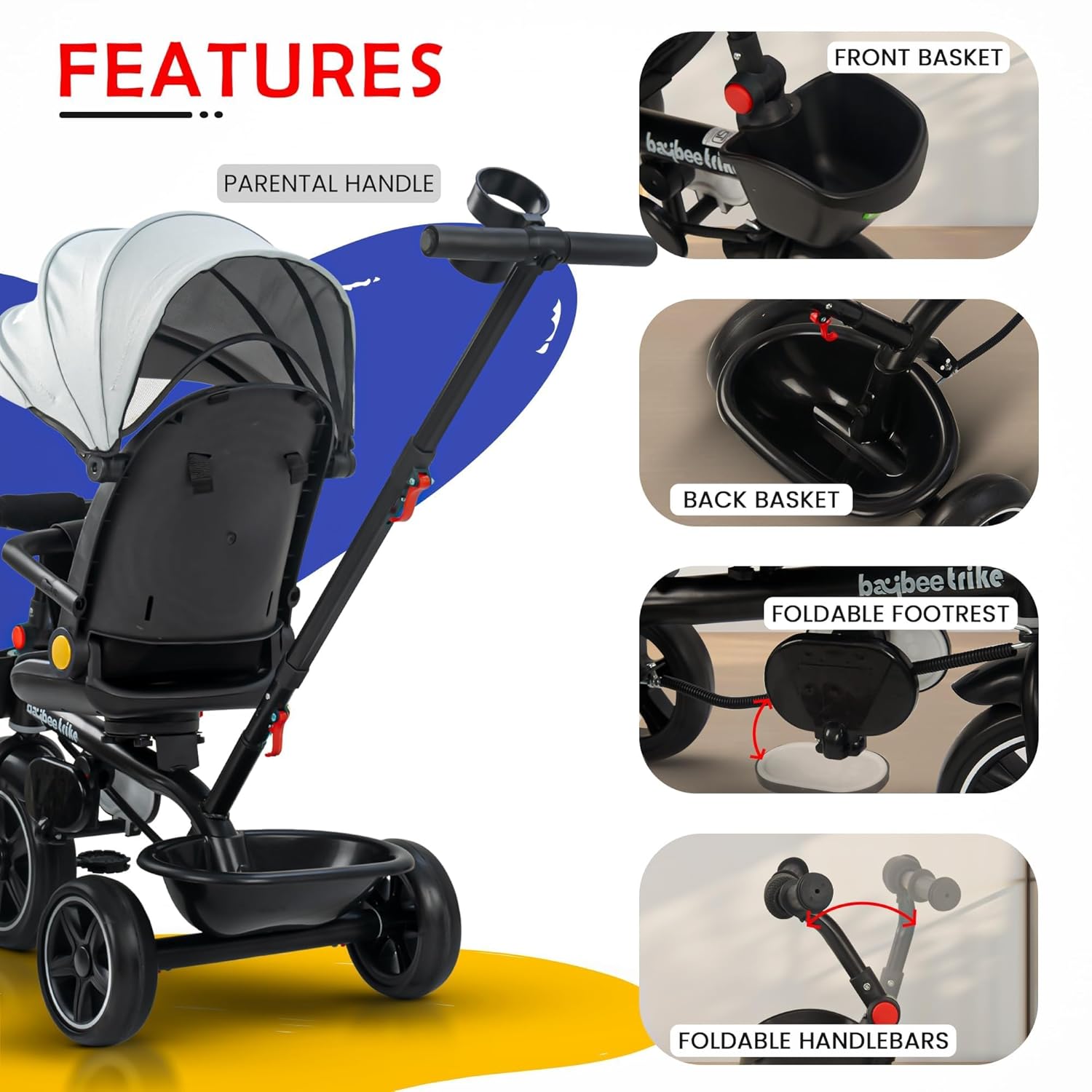 Minikin Uno 2 in 1 Baby Tricycle | Parental Push Bar | 180° Reversible Seat | Canopy & Anti Fall Guard | 6M - 5Years