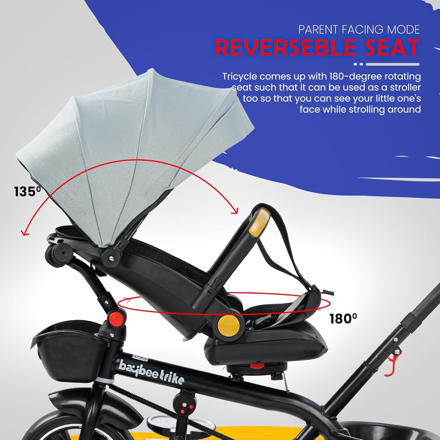 Minikin Uno 2 in 1 Baby Tricycle | Parental Push Bar | 180° Reversible Seat | Canopy & Anti Fall Guard | 6M - 5Years