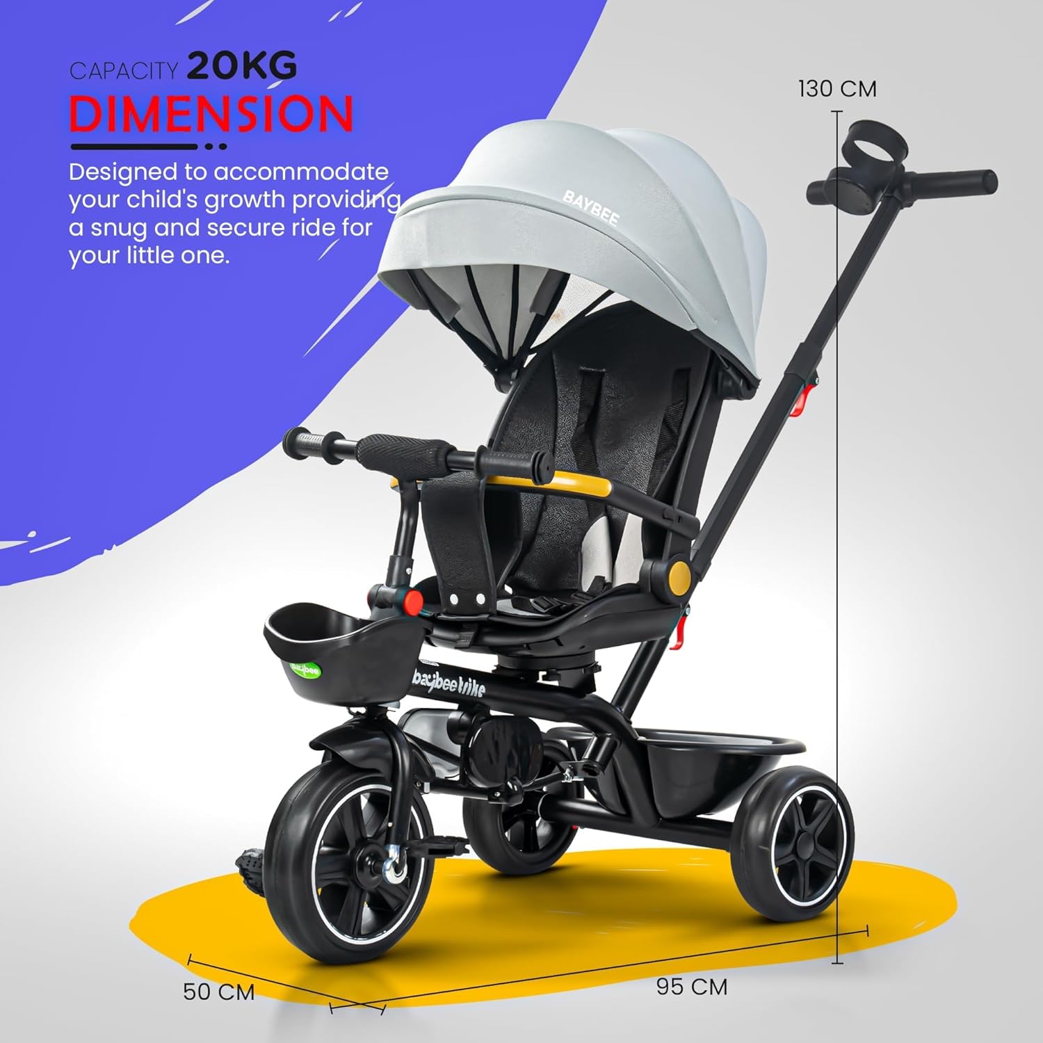 Minikin Uno 2 in 1 Baby Tricycle | Parental Push Bar | 180° Reversible Seat | Canopy & Anti Fall Guard | 6M - 5Years