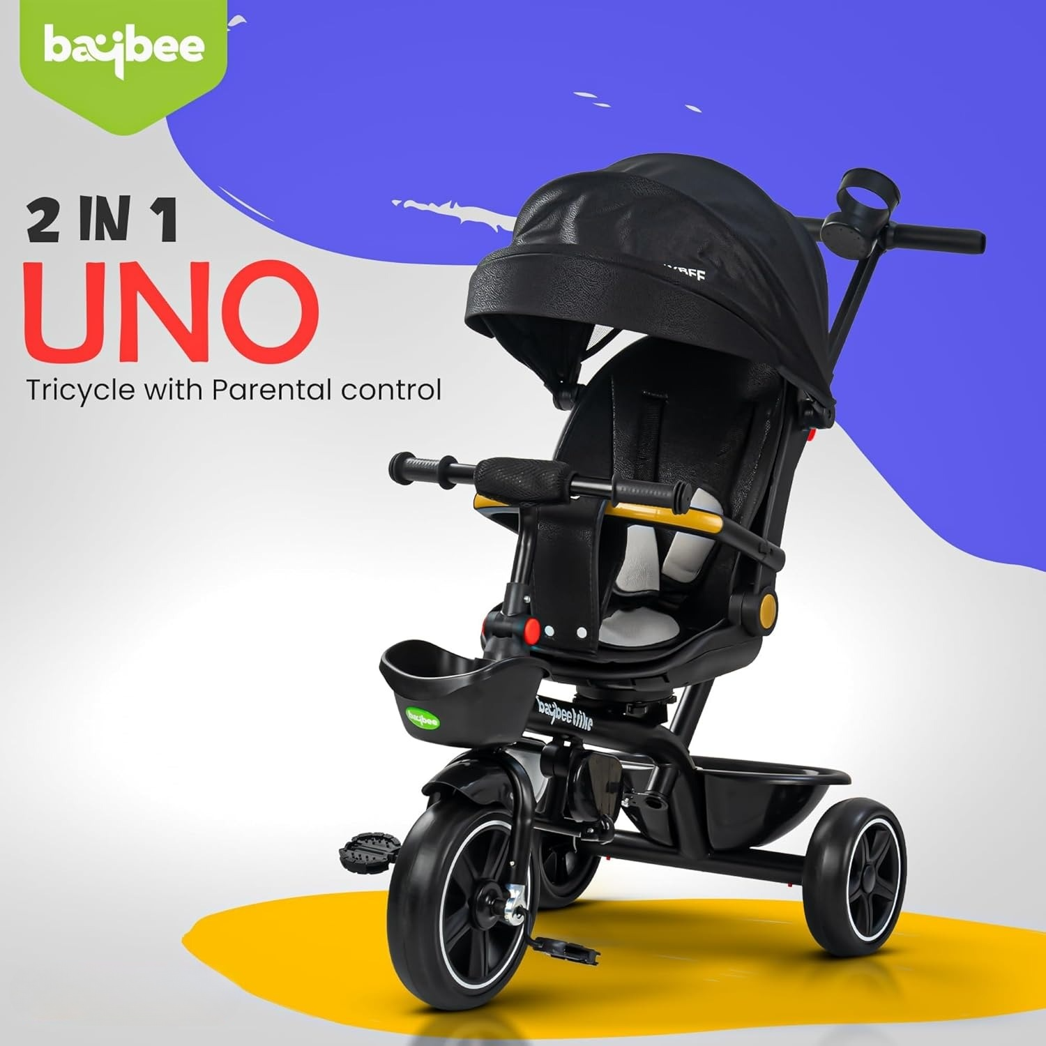 Minikin Uno 2 in 1 Baby Tricycle | Parental Push Bar | 180° Reversible Seat | Canopy & Anti Fall Guard | 6M - 5Years