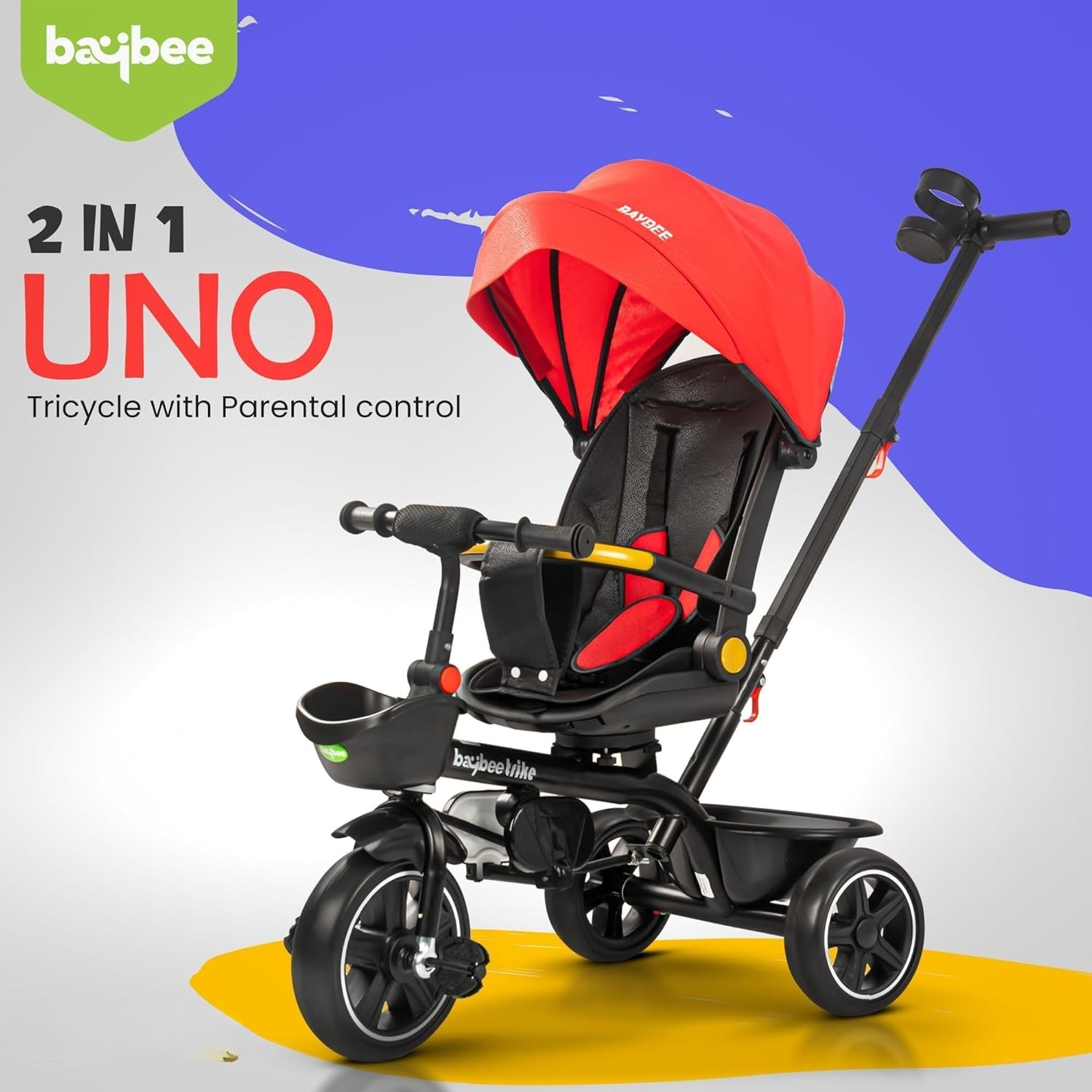 Minikin Uno 2 in 1 Baby Tricycle | Parental Push Bar | 180° Reversible Seat | Canopy & Anti Fall Guard | 6M - 5Years