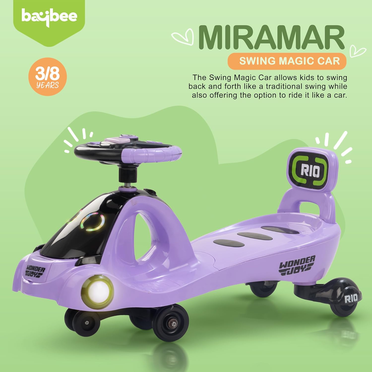 Miramar Kids Ride On Car - Twister Magic Swing with LED Lights, Music & PP Wheels Ages 3-8 Years