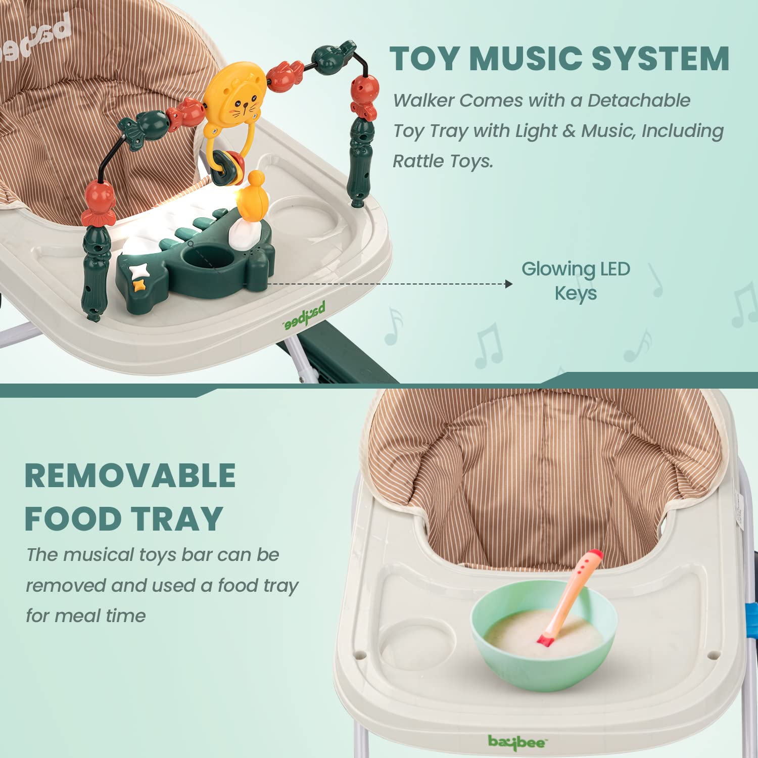 Minikin Nexus Lite Anti-Rollover Baby Walker | Foldable Design | Musical Toy Bar | 6M - 18M