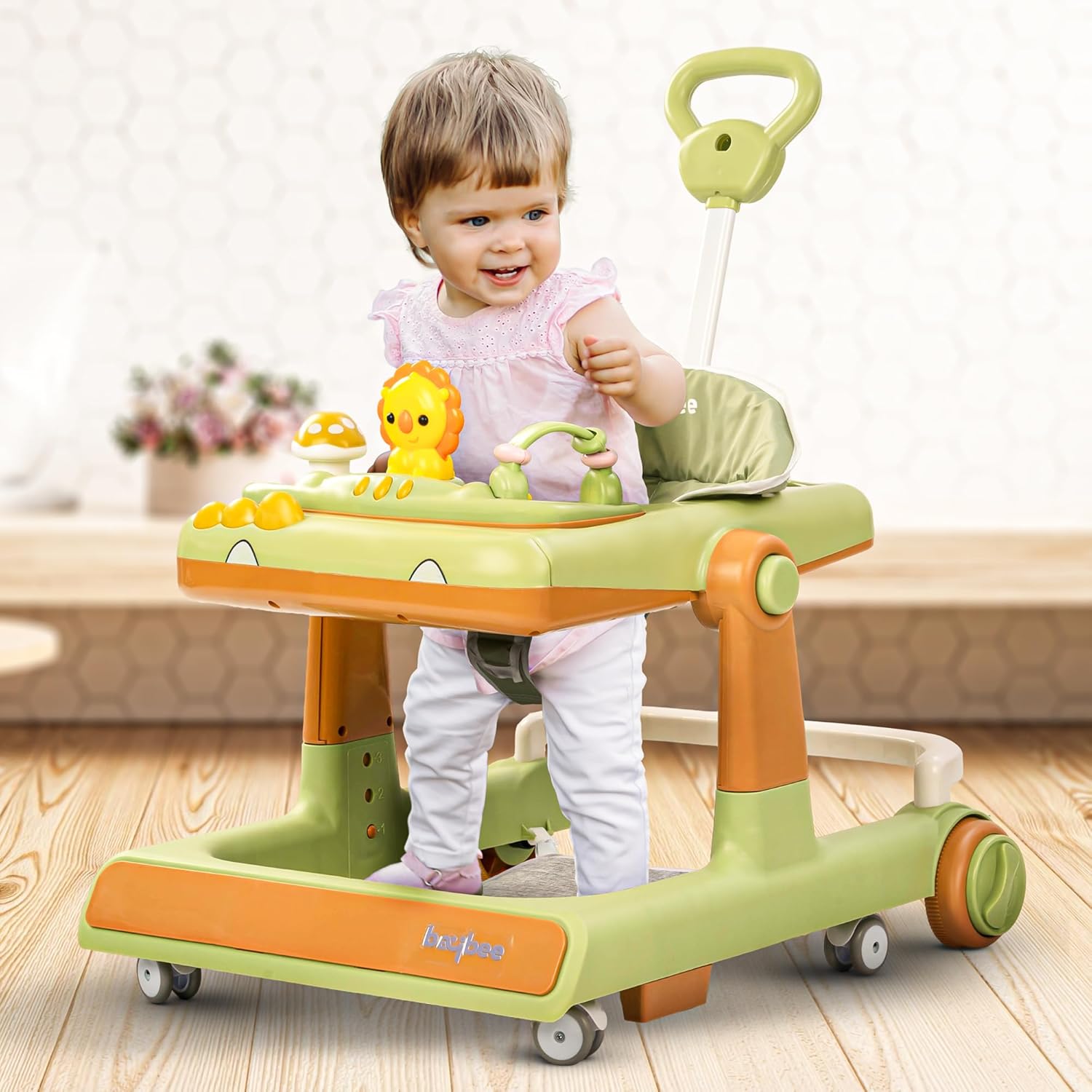 Minikin Flix 3 IN 1 Baby Walker cum Push Walker | Musical Toy Bar | Foldable & Height Adjustable | 6M - 18M