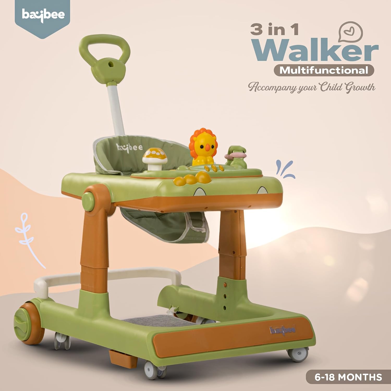 Minikin Flix 3 IN 1 Baby Walker cum Push Walker | Musical Toy Bar | Foldable & Height Adjustable | 6M - 18M