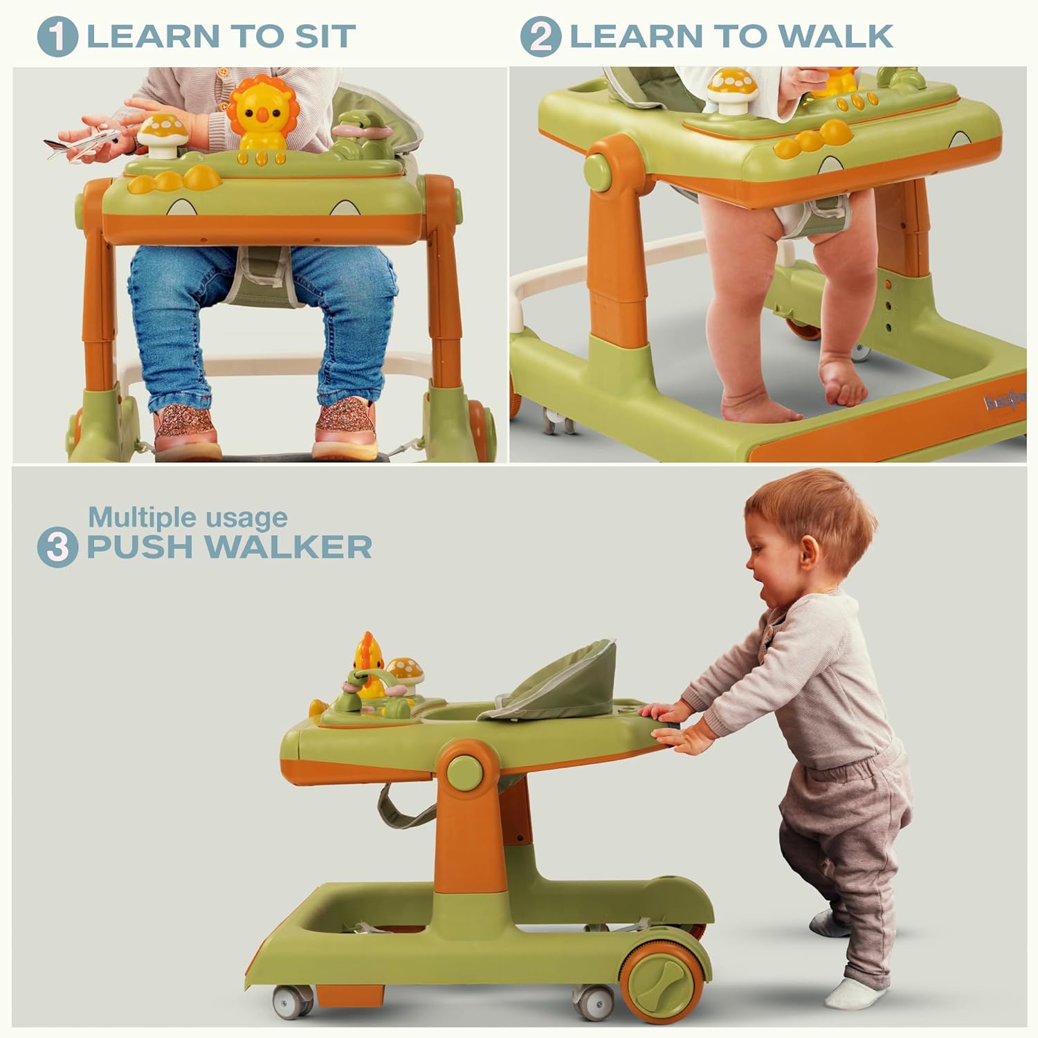 Minikin Flix 3 IN 1 Baby Walker cum Push Walker | Musical Toy Bar | Foldable & Height Adjustable | 6M - 18M