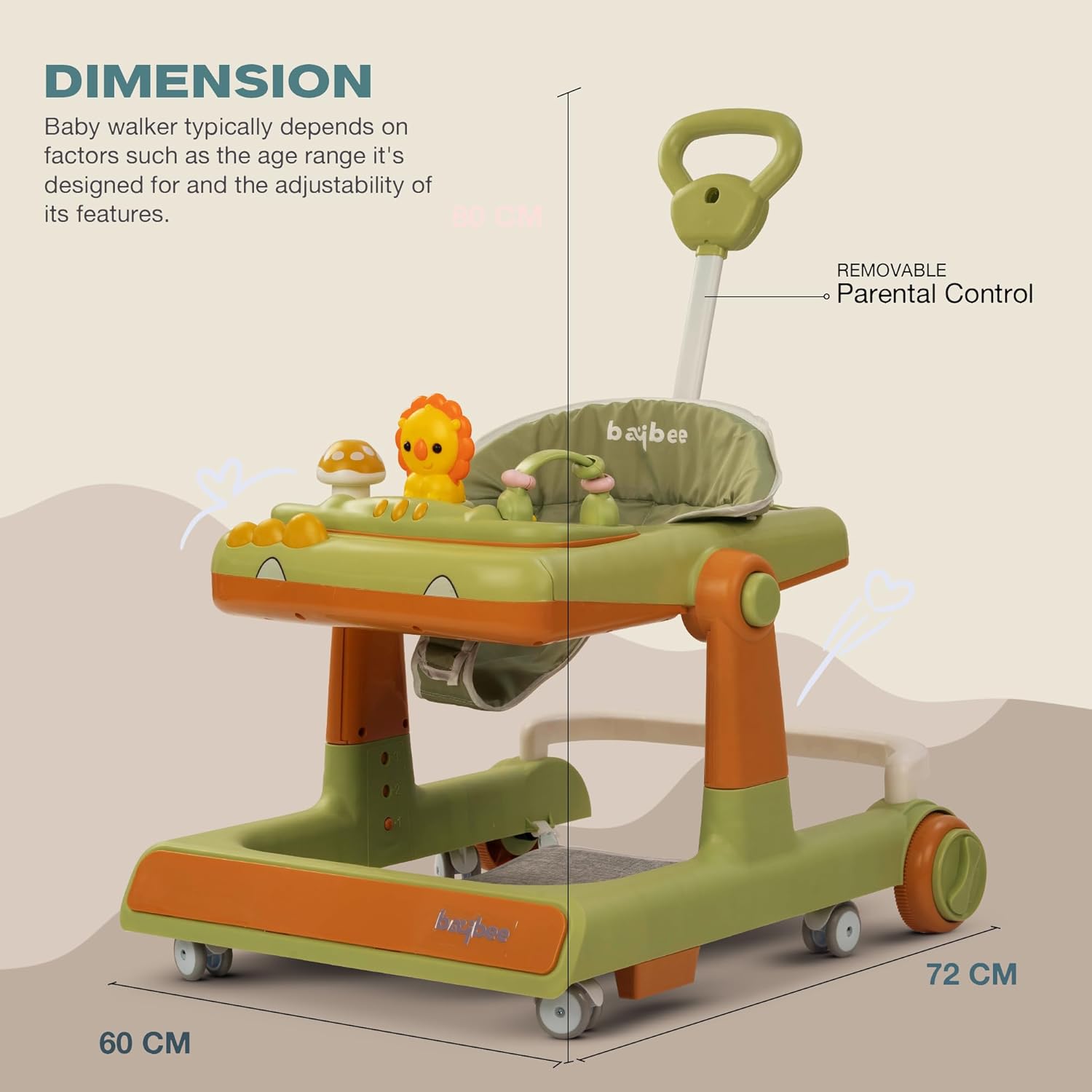 Minikin Flix 3 IN 1 Baby Walker cum Push Walker | Musical Toy Bar | Foldable & Height Adjustable | 6M - 18M