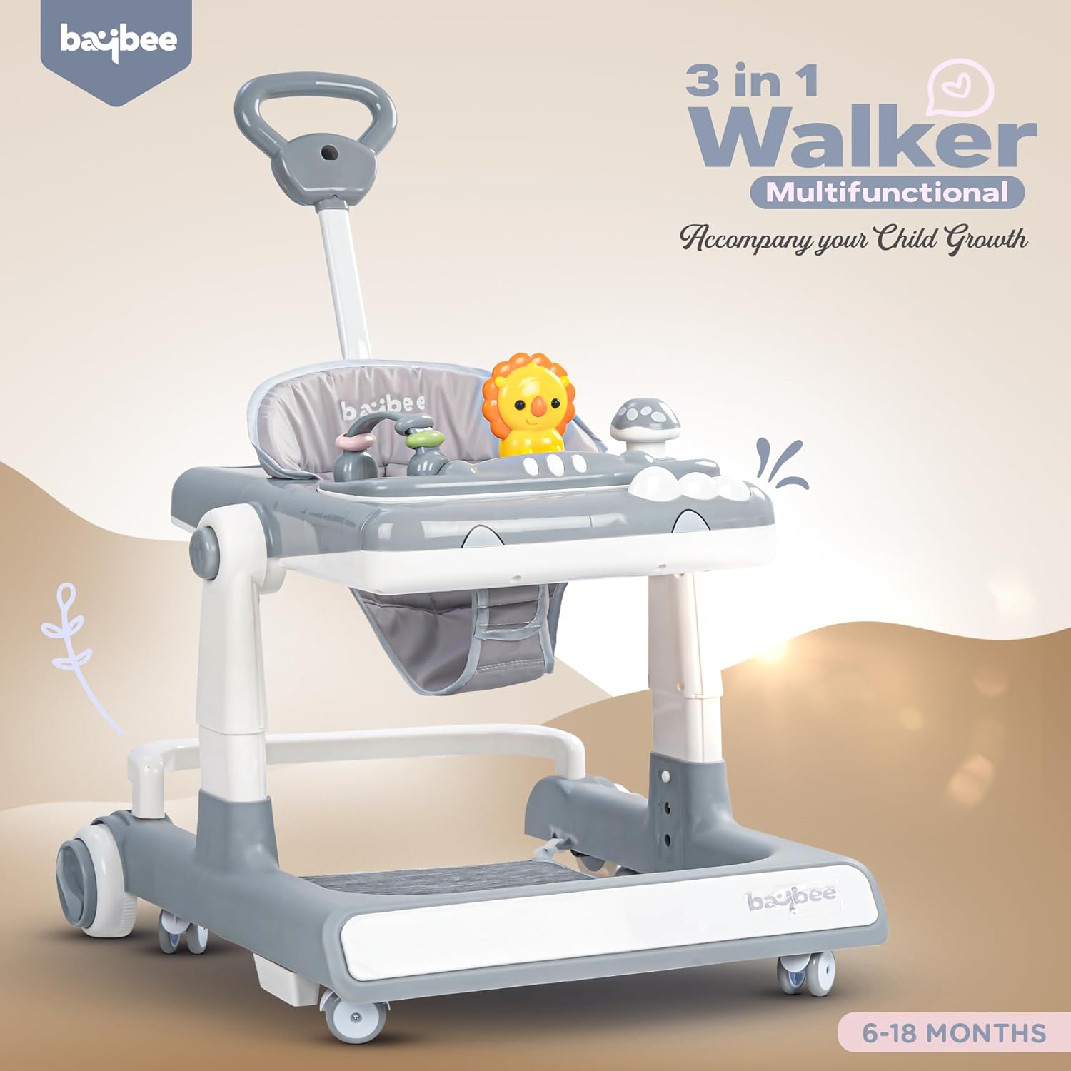 Minikin Flix 3 IN 1 Baby Walker cum Push Walker | Musical Toy Bar | Foldable & Height Adjustable | 6M - 18M