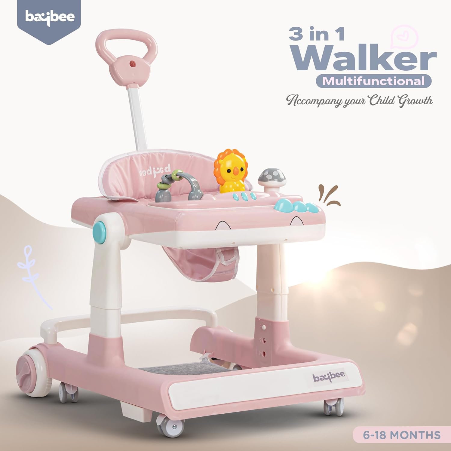 Minikin Flix 3 IN 1 Baby Walker cum Push Walker | Musical Toy Bar | Foldable & Height Adjustable | 6M - 18M