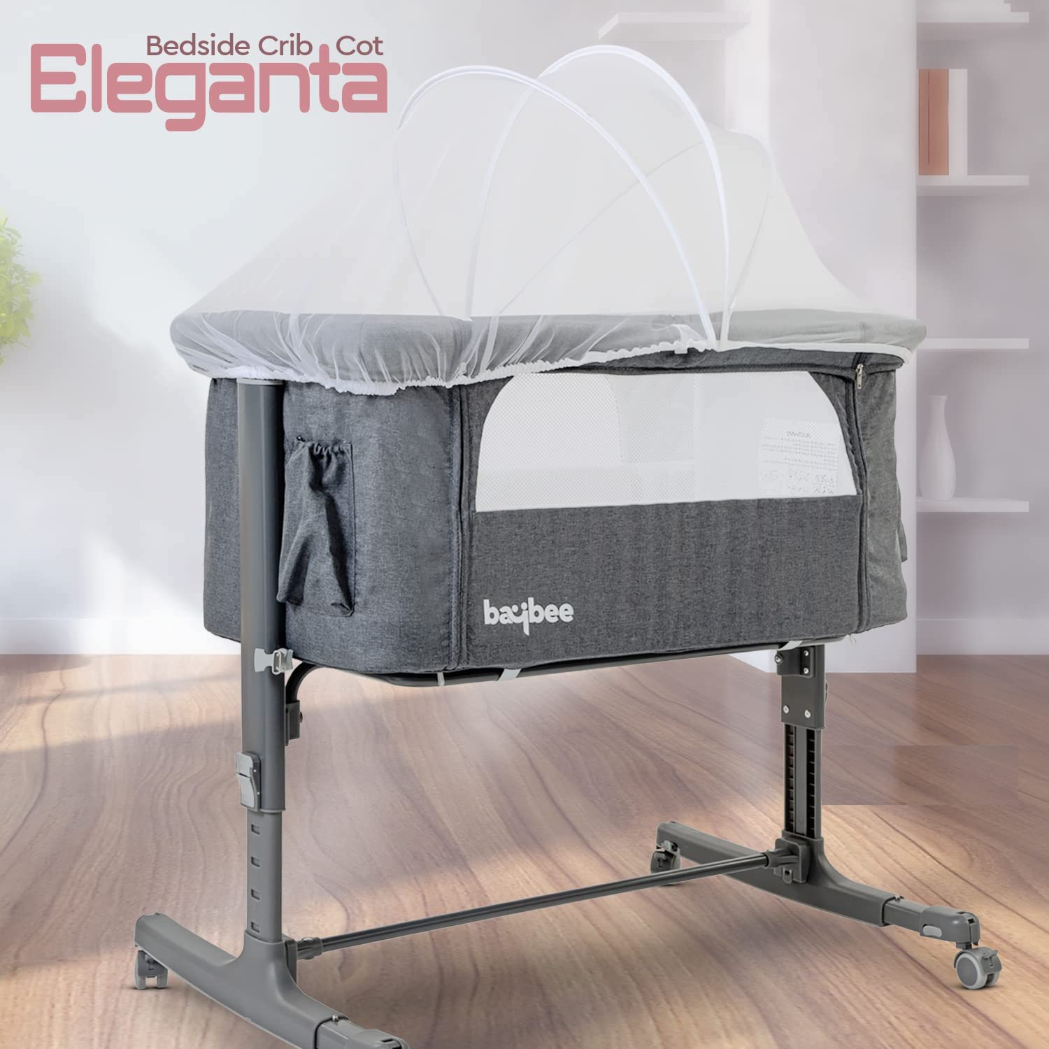 Elegenta Baby Bedside Rocking Bassinet | Adjustable Height & Wheels | Mosquito Net & Mattress | 0-24 Months