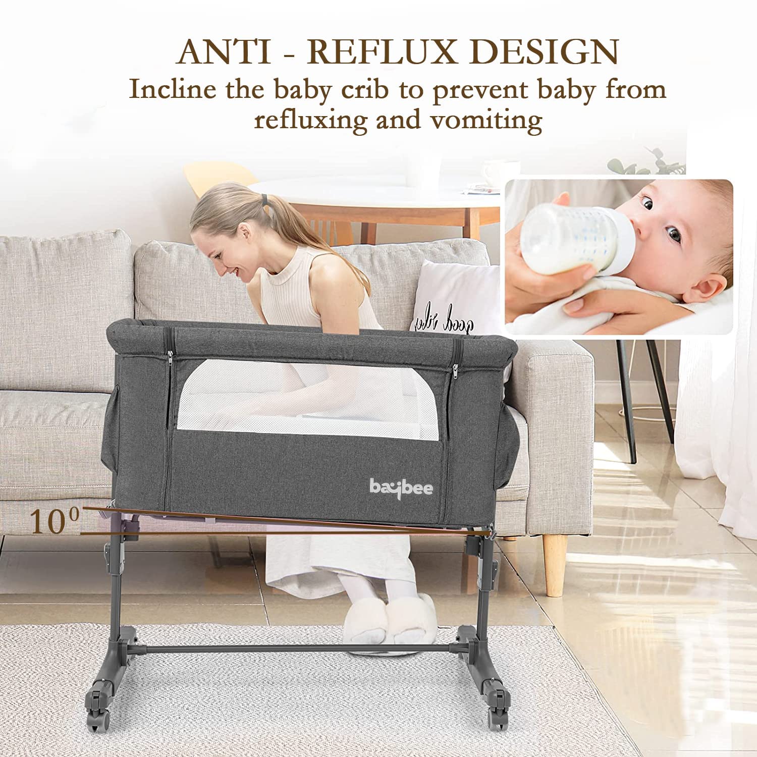 Elegenta Baby Bedside Rocking Bassinet | Adjustable Height & Wheels | Mosquito Net & Mattress | 0-24 Months