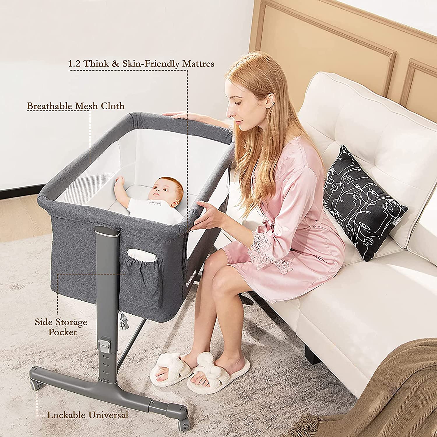 Elegenta Baby Bedside Rocking Bassinet | Adjustable Height & Wheels | Mosquito Net & Mattress | 0-24 Months