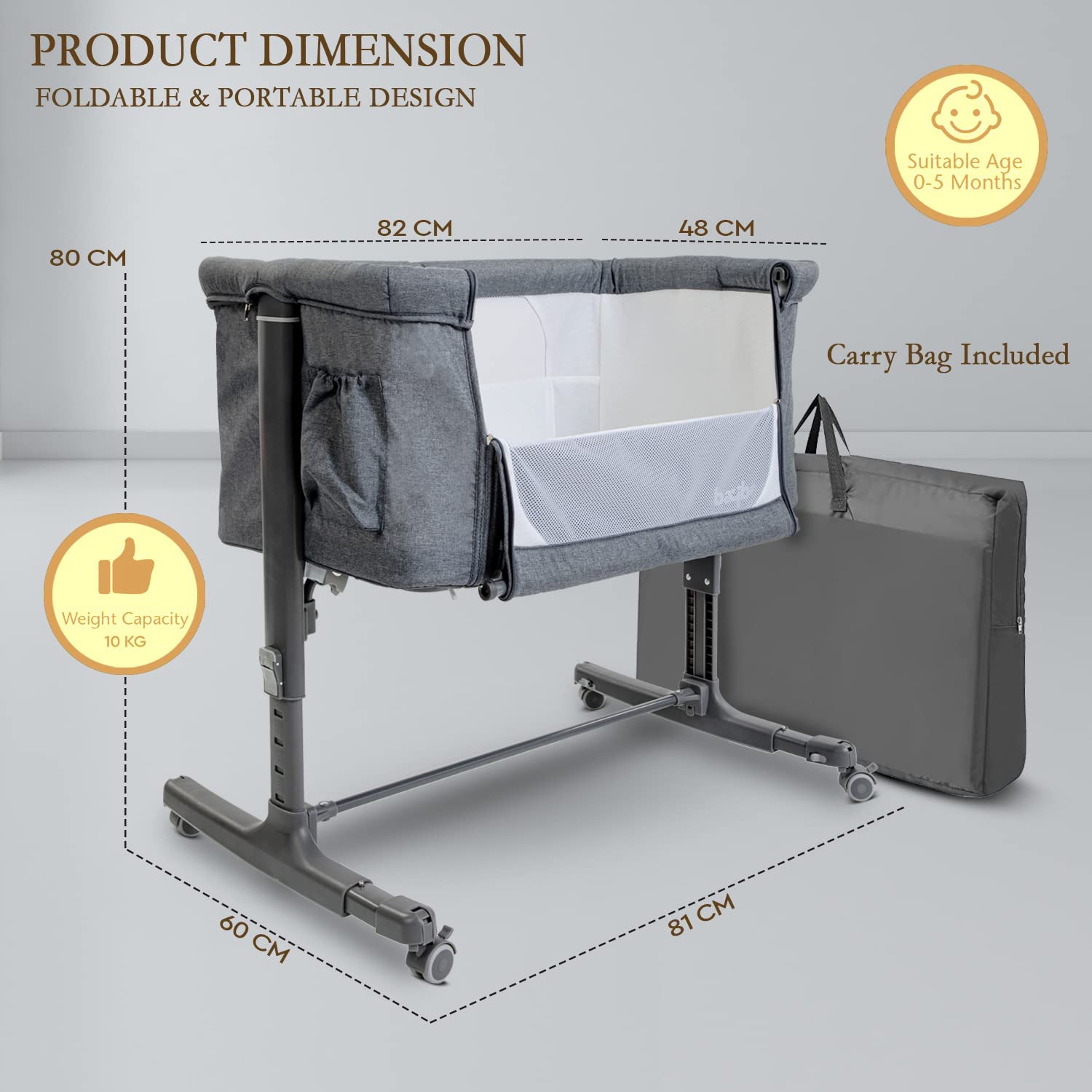 Elegenta Baby Bedside Rocking Bassinet | Adjustable Height & Wheels | Mosquito Net & Mattress | 0-24 Months