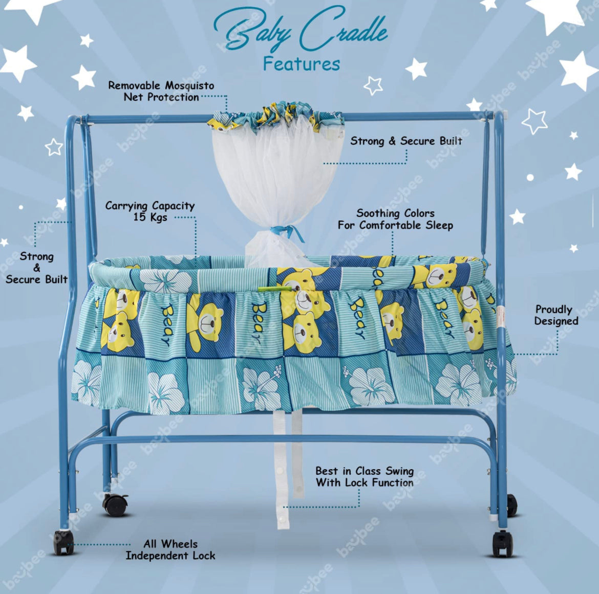 Enchant Baby Swing Cradle with Mosquito Net. 0-12M  Blue - The Minikin Store