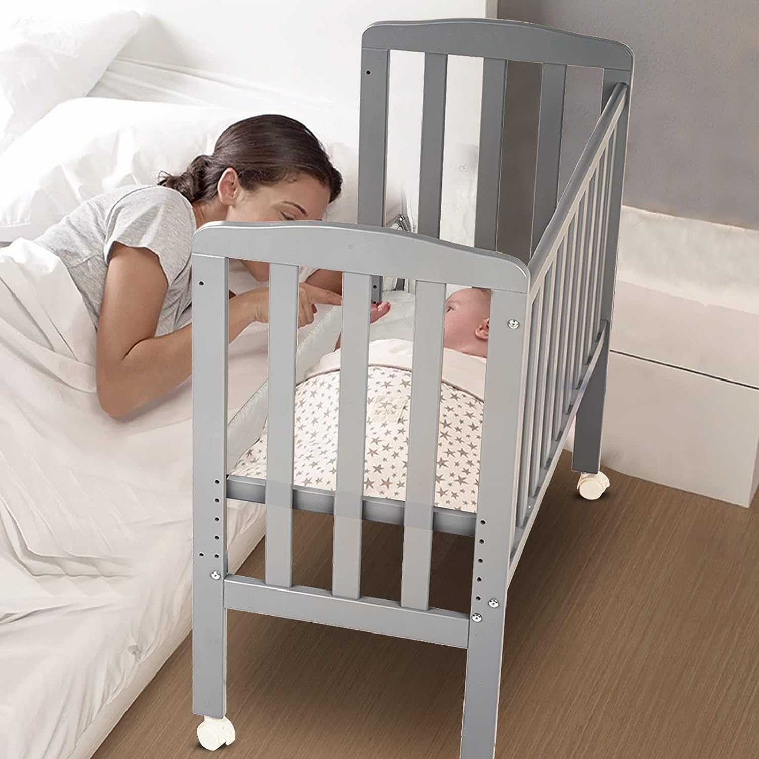 Ella 2 in 1 European Style Co-Sleeping Baby Bedside Solid Pinewood Crib. 0-24M